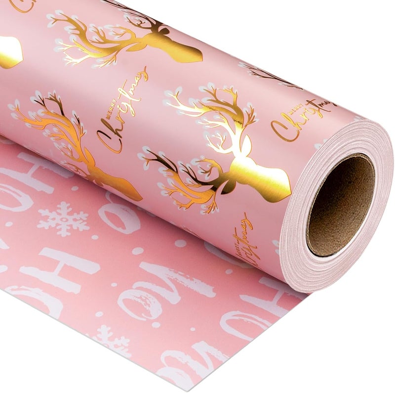 Yarcony Christmas Wrapping Paper, Girly Pink Wrapping Paper, Reversible Elegant Pink and Gold Reindeer Girl Christmas Gift Wrap with Metallic Shine for Winter Holiday (Mini Roll, 17 Inch X 33 Feet) - Image 1